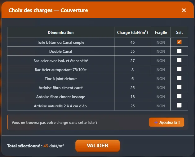 Bibliothèque de charges de couverture EC5 Poutre Express : tuile béton 45, double canal 55, bac acier 27, zinc 6, ardoise 25 daN/m² avec sélection et marquage fragile