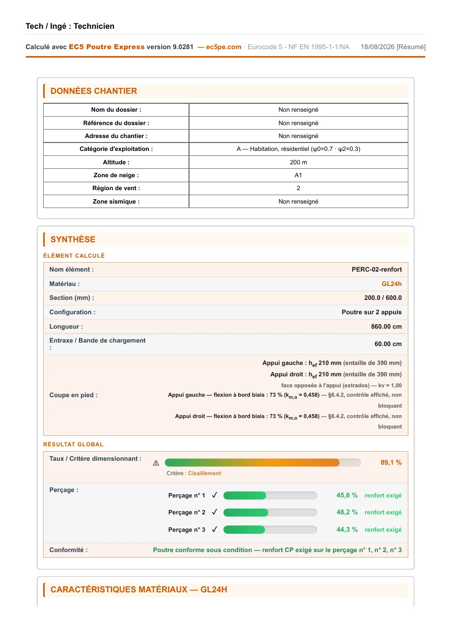Première page de la note de calcul EC5 Poutre Express : données chantier, synthèse, coupe en pied et perçages