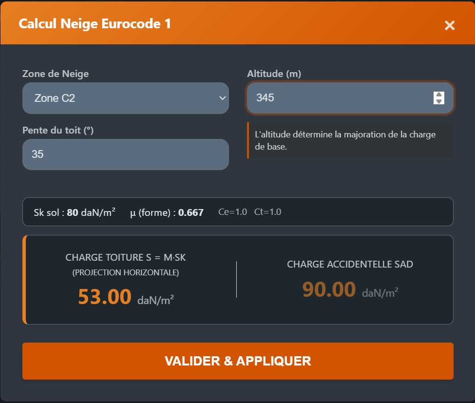 Module de calcul Neige : zone, altitude, pente, charges projetées et accidentelle