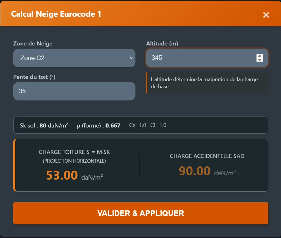 Module de calcul Neige : zone, altitude, pente, charges projetées et accidentelle