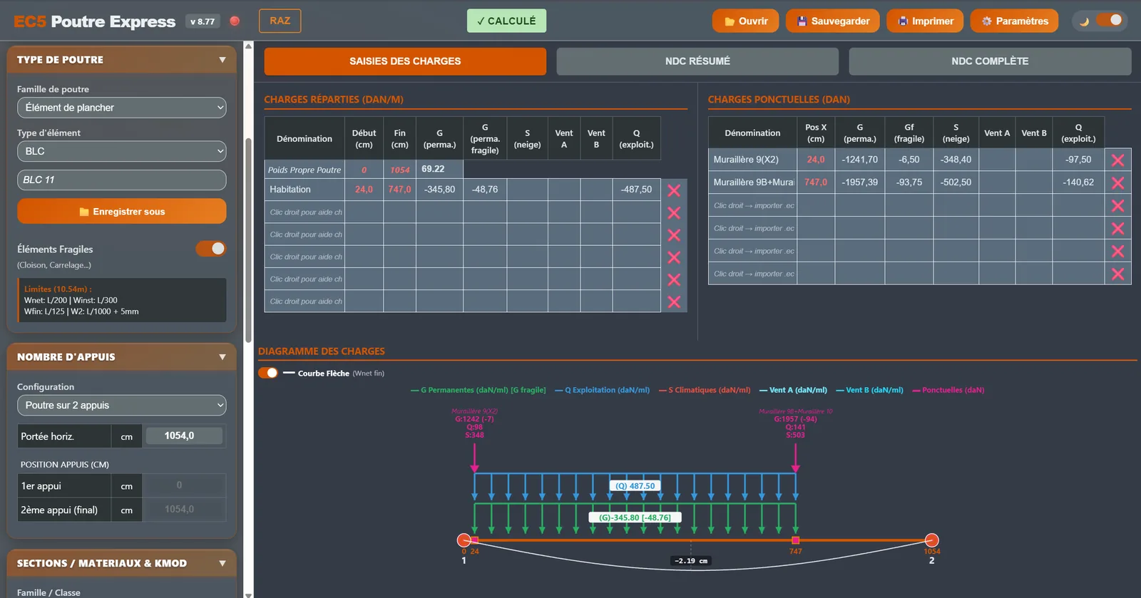 EC5 Poutre Express — Poutre sur 2 appuis : saisie des charges, sections, options de calcul et diagramme des charges