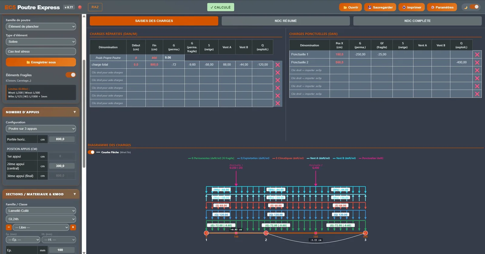 EC5 Poutre Express — Poutre sur 3 appuis : saisie des charges, sections, options de calcul et diagramme des charges