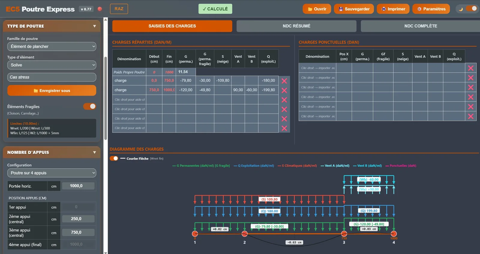 EC5 Poutre Express — Poutre sur 4 appuis : saisie des charges, sections, options de calcul et diagramme des charges