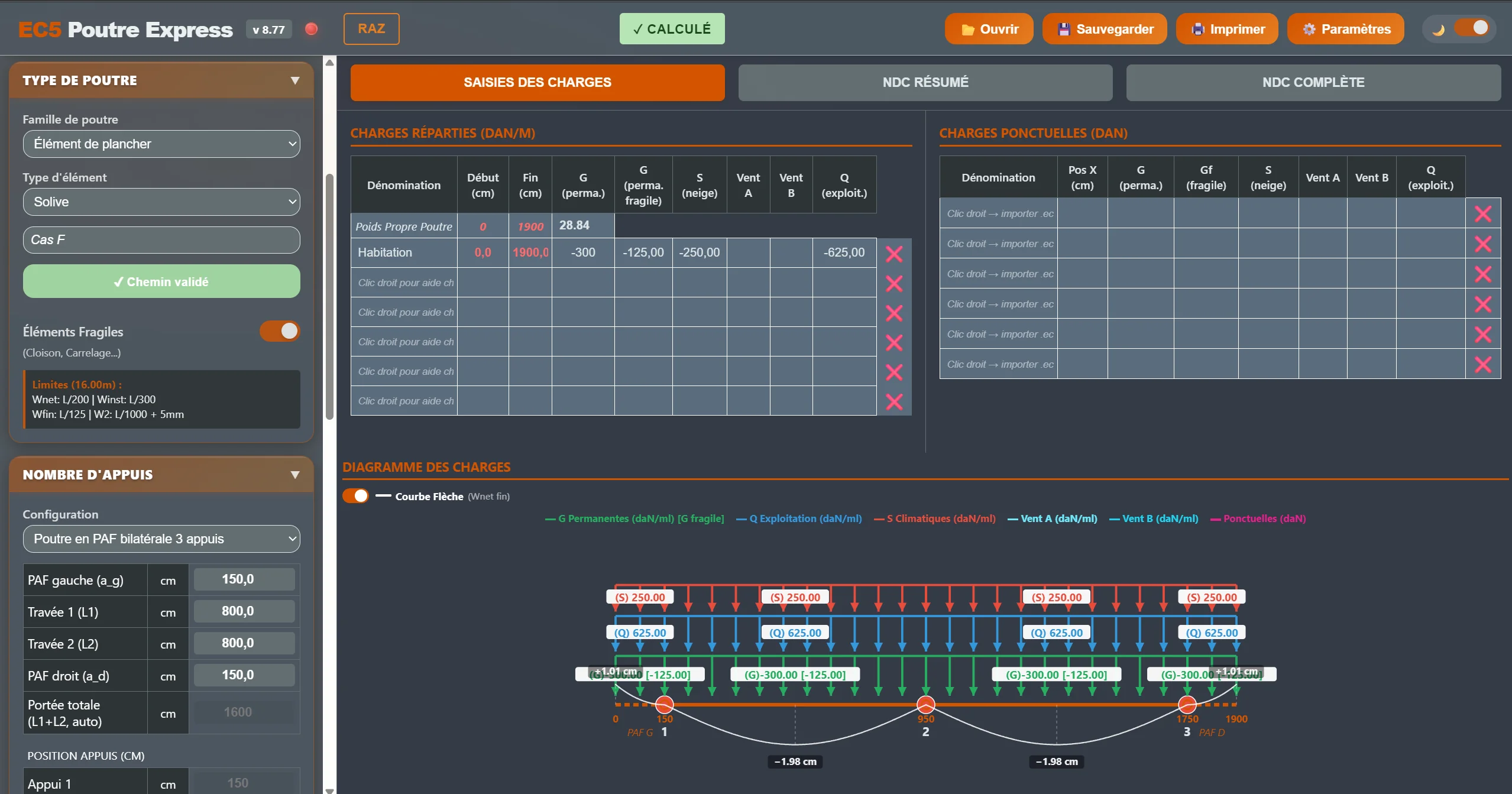 Interface du logiciel EC5 Poutre Express : saisie des charges, diagramme et flèche