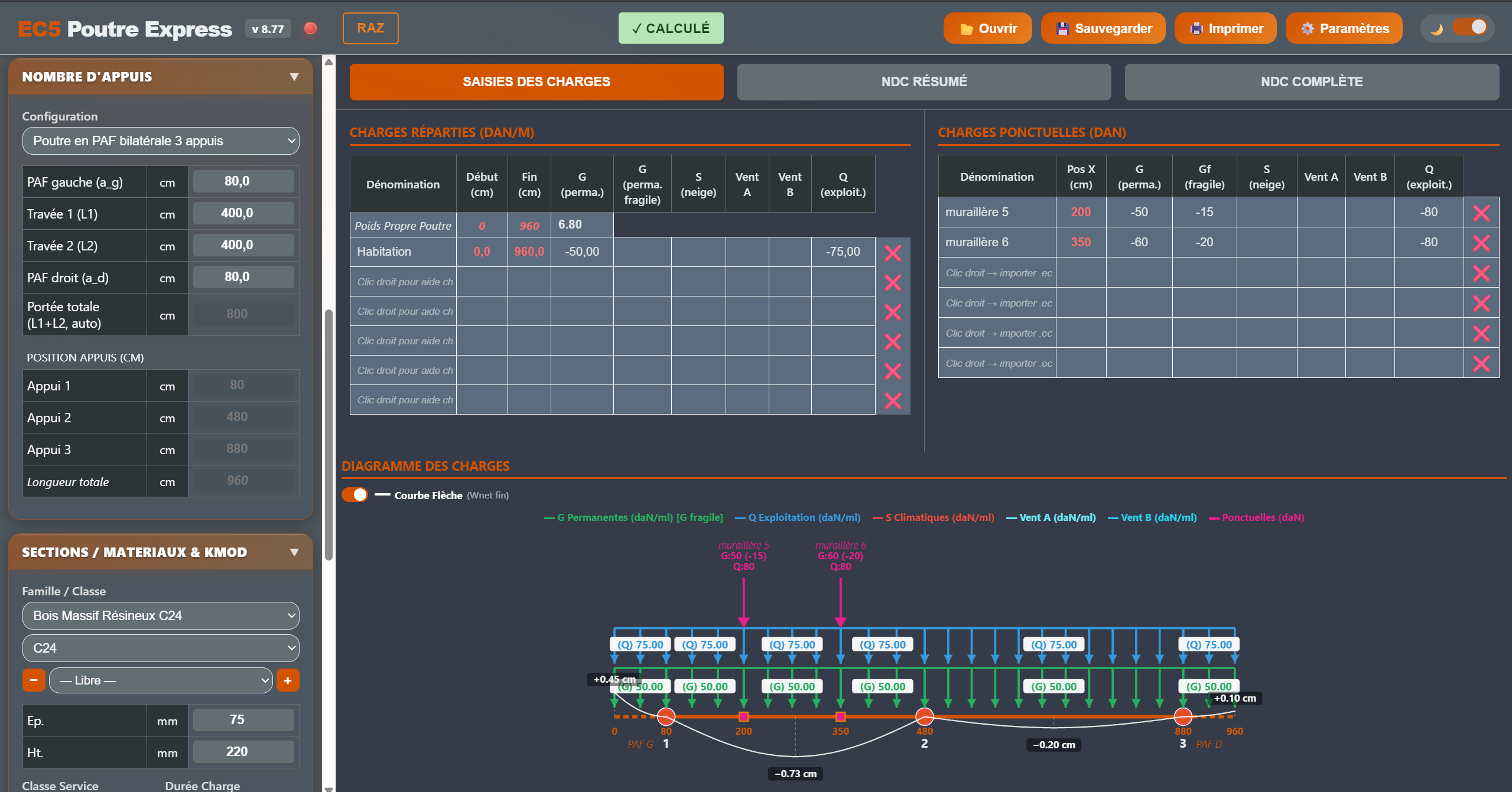 Interface du logiciel EC5 Poutre Express : saisie des charges, diagramme et flèche
